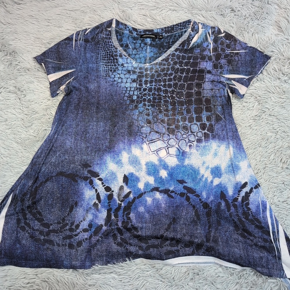 Vintage Notations Shirt Womens‎ L Blue Sparkly Blouse Tunic Top Casual Comfort